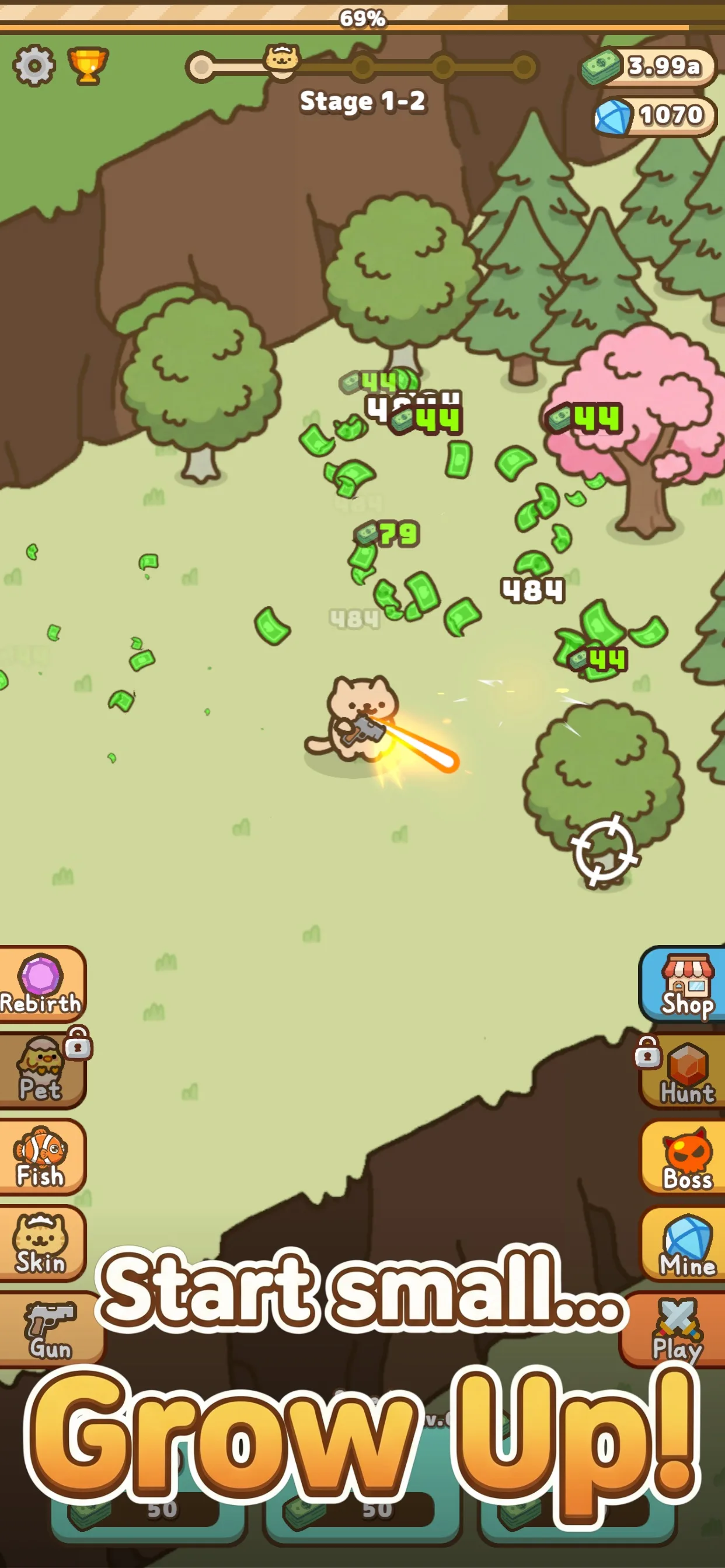 Idle Cat Gunner: Shooter RPG — игровой процесс, кот с пулемётом