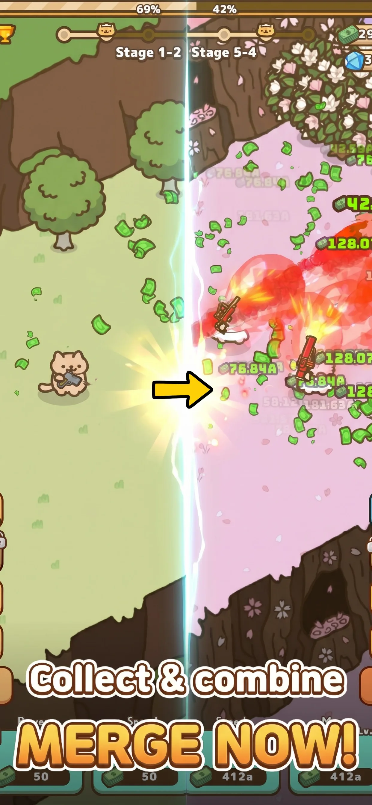 Idle Cat Gunner: Shooter RPG — бой после обновления