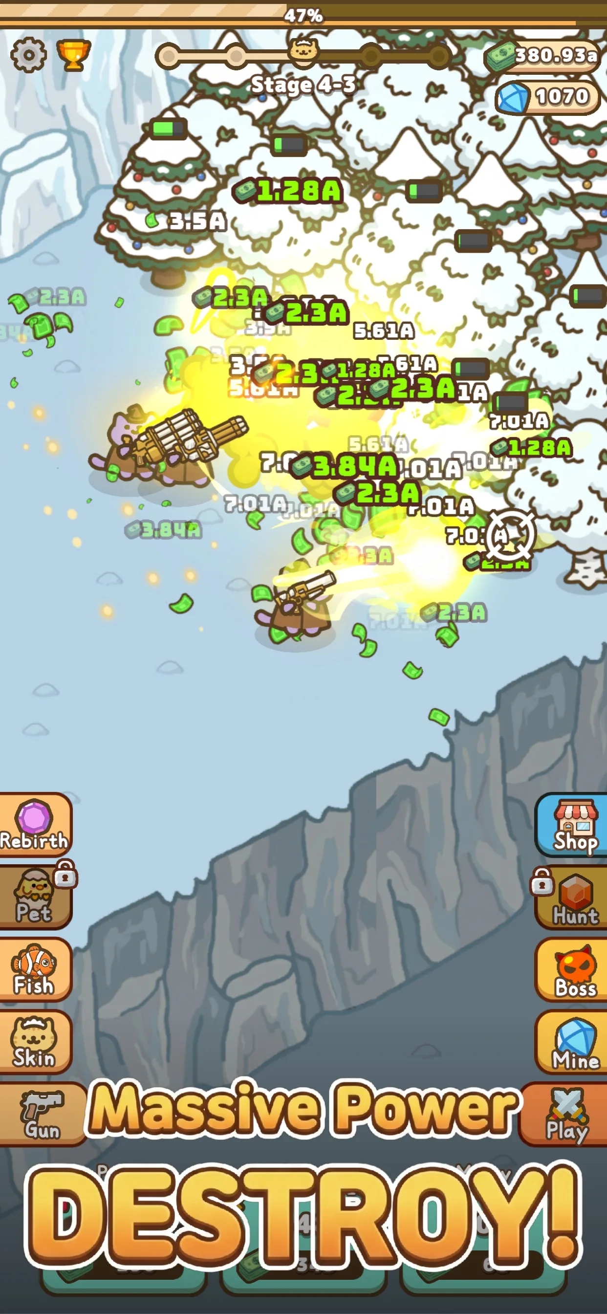 Idle Cat Gunner: Shooter RPG — экран прокачки и оружия